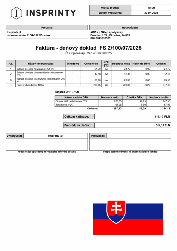 🧾 Wzorzec wydruku Faktury Sprzedaży – wersja słowacka (Subiekt nexo PRO)
