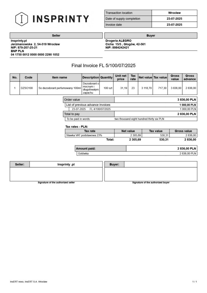Angielska faktura zaliczkowa + końcowa (Partial + Final Invoice)