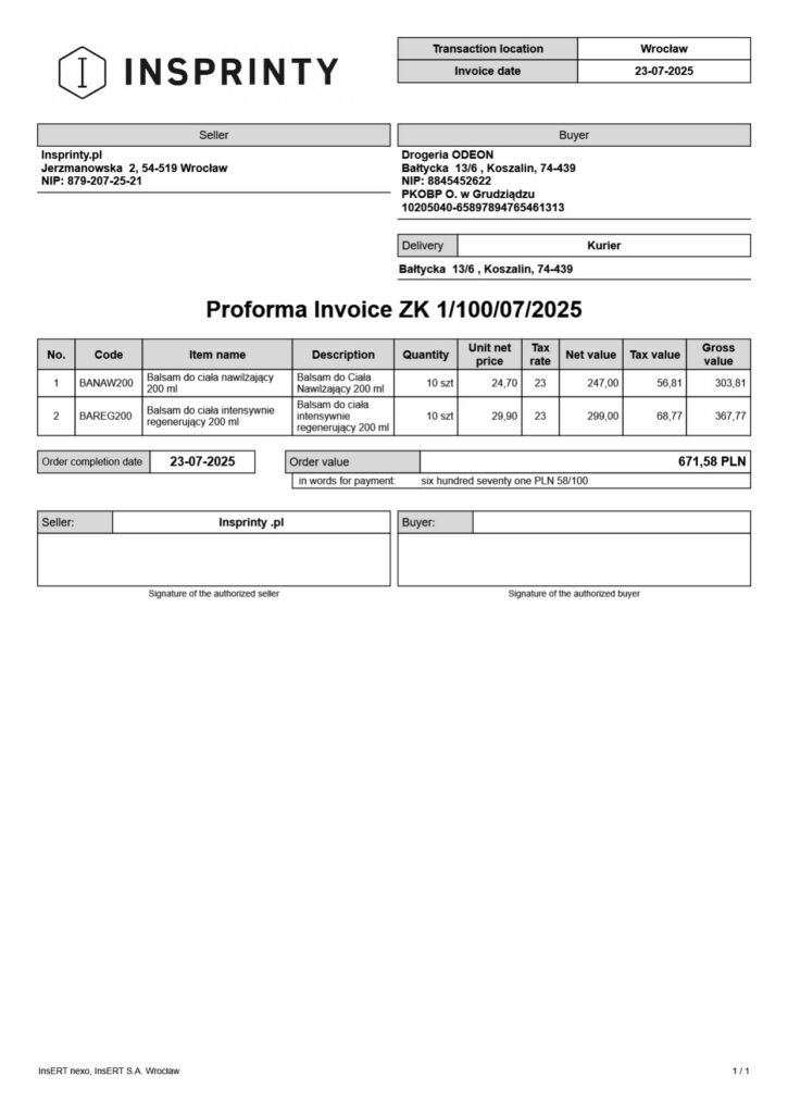 Angielska faktura pro forma (Proforma Invoice)