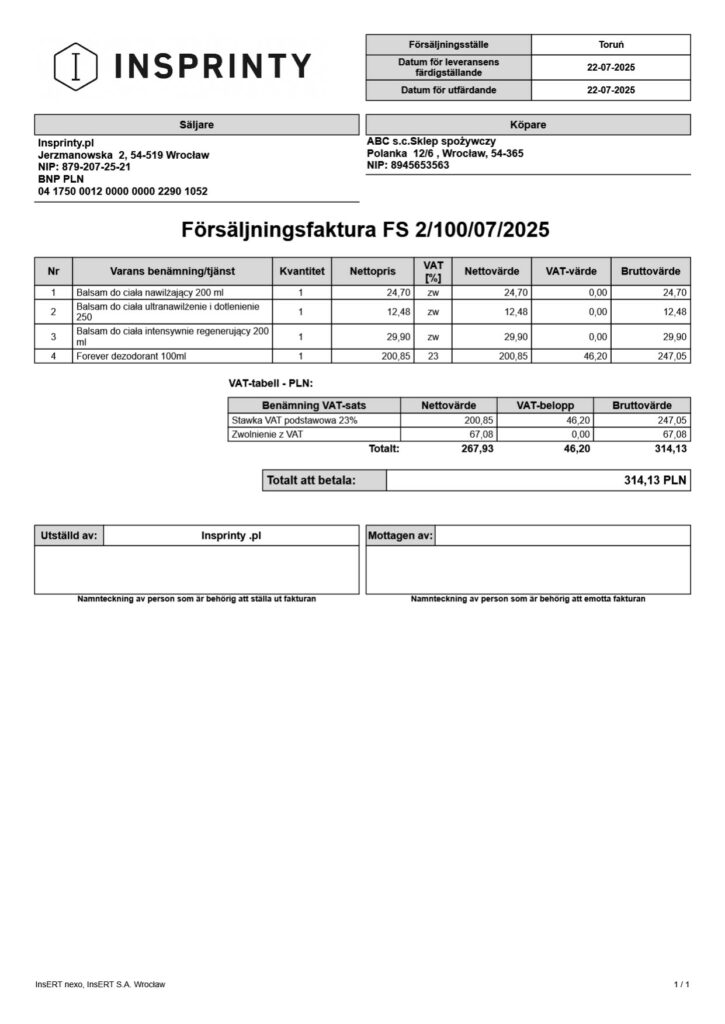 Szwedzka Faktura Sprzedaży – (Subiekt nexo PRO)