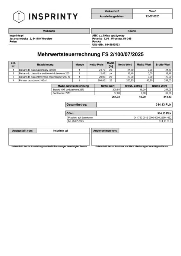🧾 Faktura VAT w języku niemieckim – wersja austriacka Wzorzec wydruku Subiekt nexo PRO