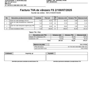 Rumuńska faktura sprzedaży z VAT (Factura TVA de vânzare)