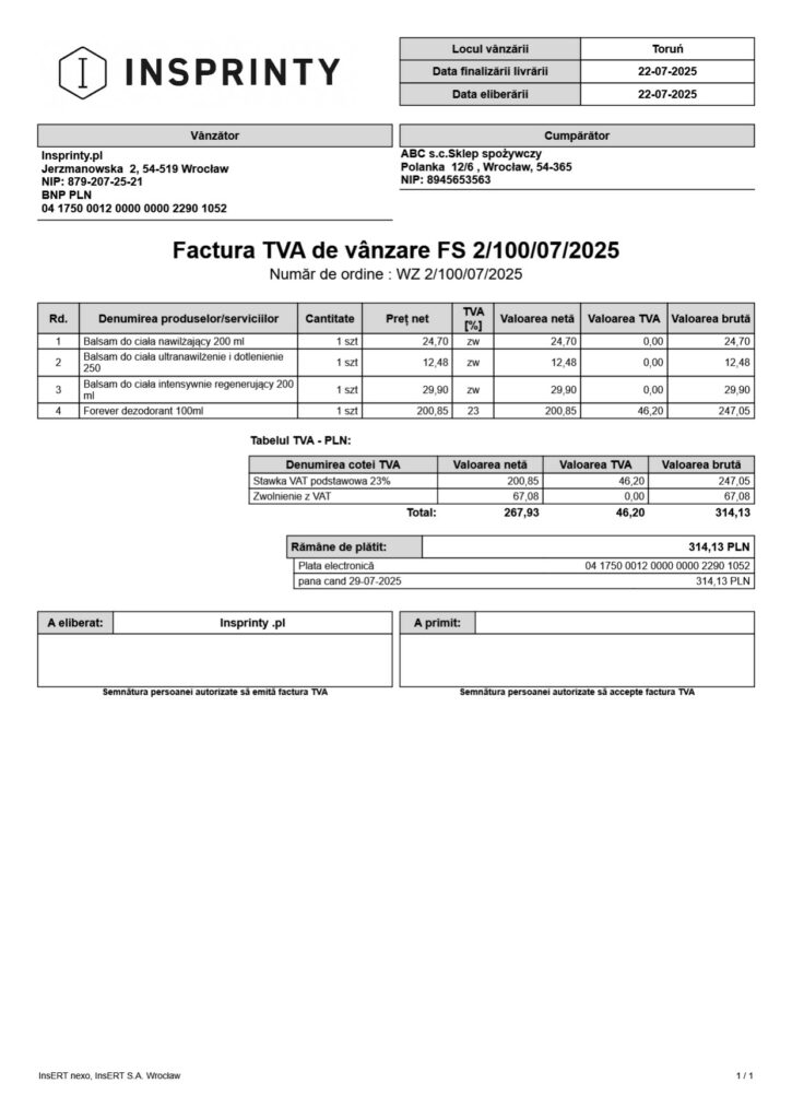 Rumuńska faktura sprzedaży z VAT (Factura TVA de vânzare)