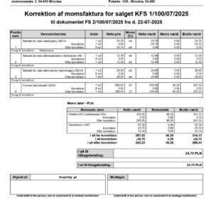 🧾 Wzorzec wydruku Korekty Faktury Sprzedaży – wersja duńska (Subiekt nexo PRO)