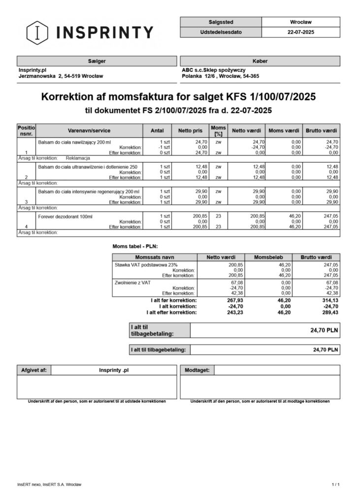 Duńska Korekta Faktury Sprzedaży - (Subiekt nexo PRO)