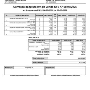 Portugalska Korekta Faktury Sprzedaży - (Subiekt nexo PRO)