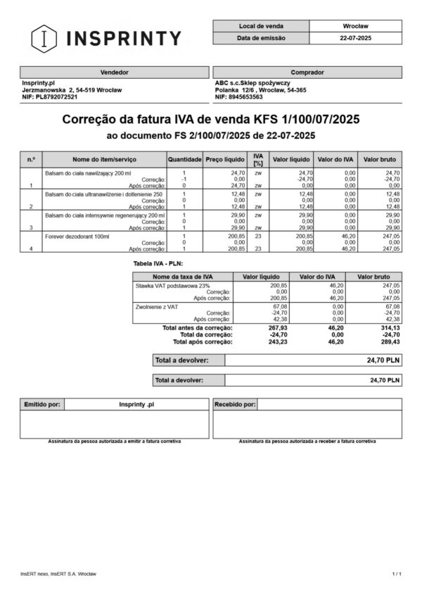 Portugalska Korekta Faktury Sprzedaży - (Subiekt nexo PRO)