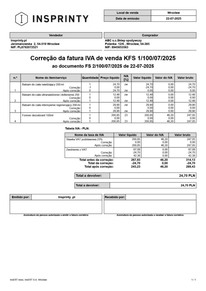 Portugalska Korekta Faktury Sprzedaży - (Subiekt nexo PRO)