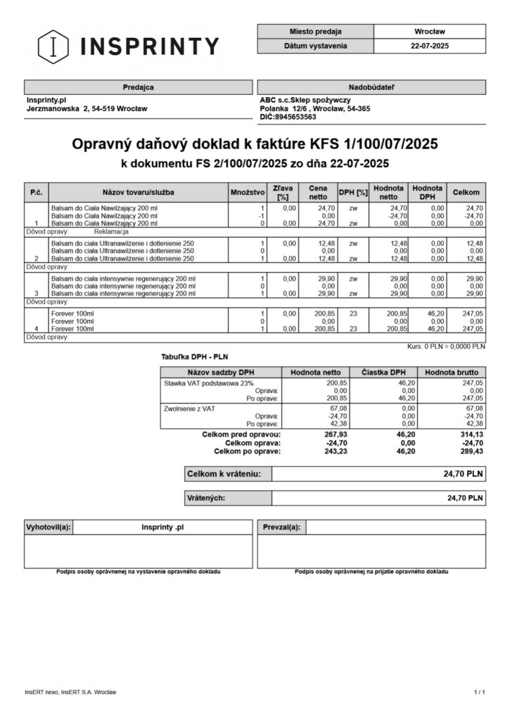 Słowacka Korekta Faktury Sprzedaży (Subiekt nexo PRO)
