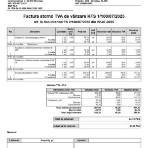 Rumuńska korekta faktury (Factura storno TVA de vânzare)