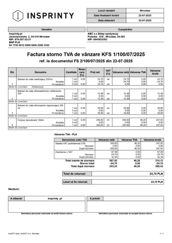 Rumuńska korekta faktury (Factura storno TVA de vânzare)