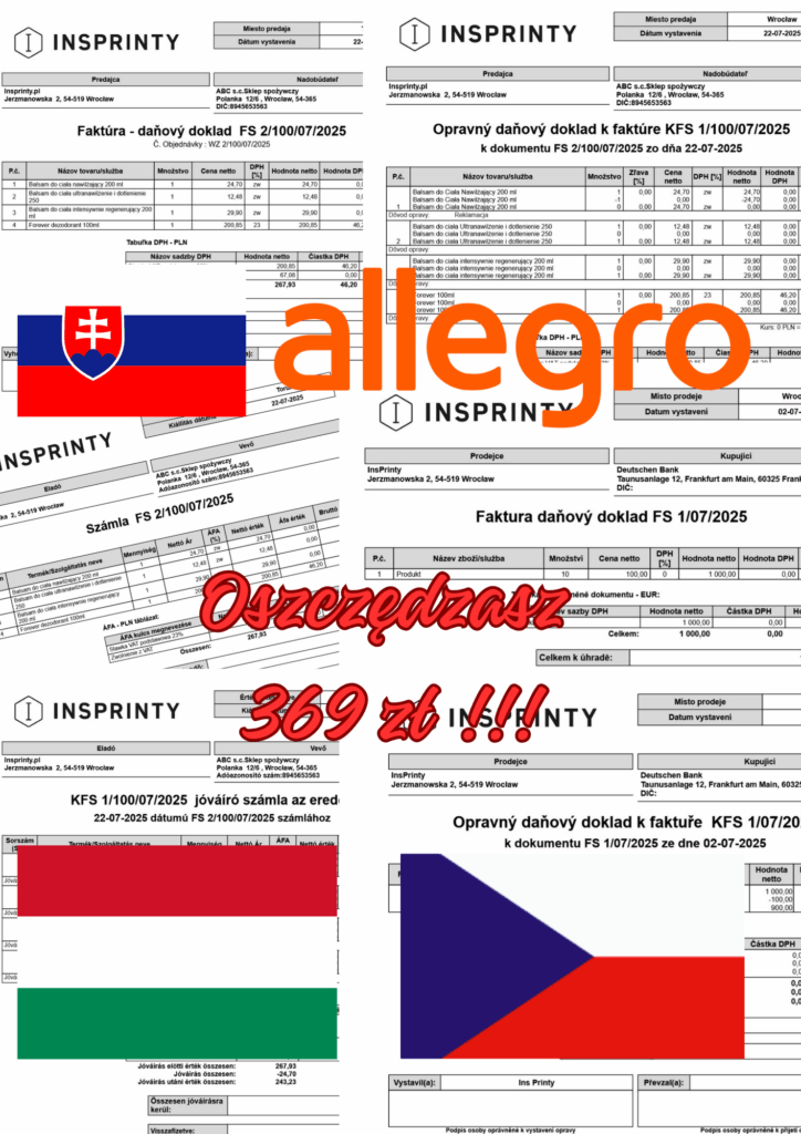 Zestaw faktur i korekt Allegro Export (Czechy, Słowacja, Węgry)