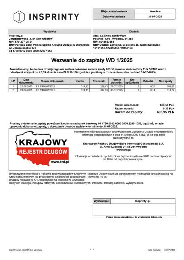 wezwanie do zapłaty Subiekt Nexo KRD