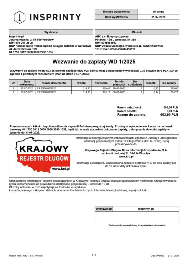 ponaglenie płatności wzór Subiekt Nexo KRD
