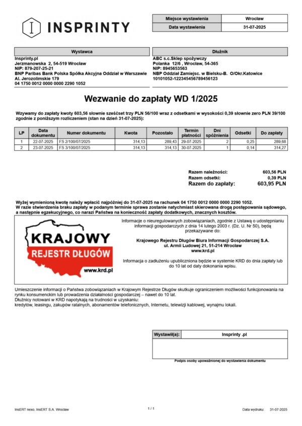 wezwanie przedsądowe Subiekt Nexo KRD