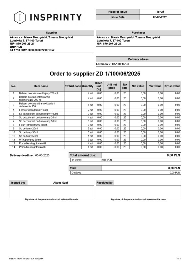 Angielskie zamówienie do dostawcy ZD – (Subiekt nexo PRO)