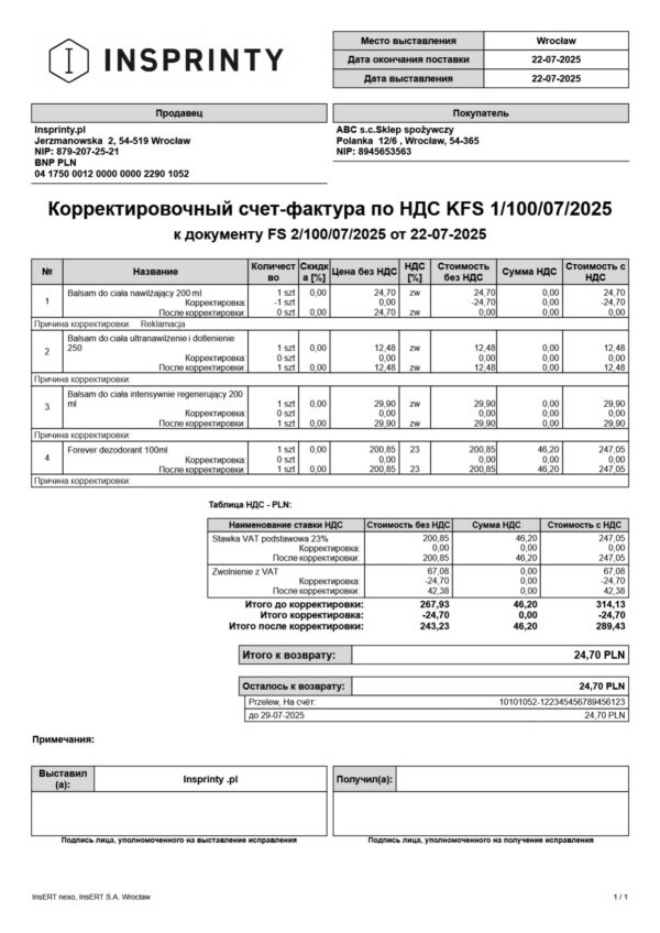 Rosyjska korekta faktury Subiekt nexo PRO